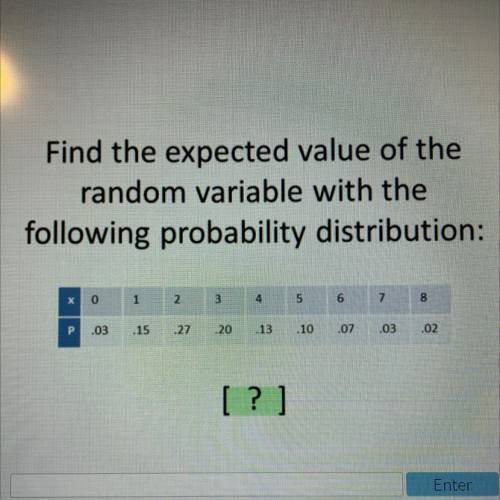 Please Help ASAP

Find the expected value of the
random variable with the
following probability di