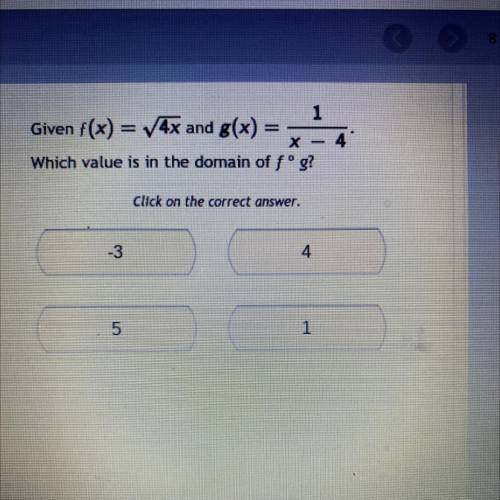 1
Given f(x) = (4x and g(x)
Which value is in the domain of fºg?
х
4