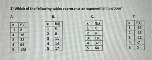 2) Which of the following tables represents an exponential function?
Please help !!