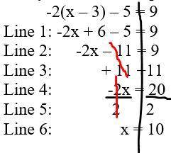 Mark incorrectly solved the equation -2(x – 3) – 5 = 9. His steps are shown below:

( its the atta