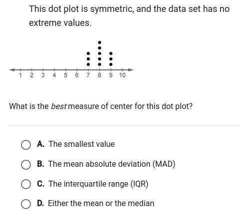 this dot plot is symmetric in the data set has no extreme values what is the best measure of center