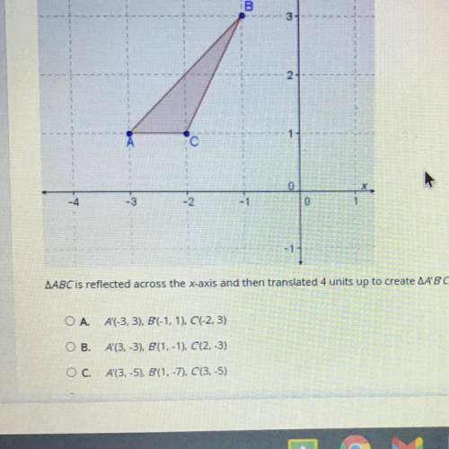 Select the correct answer

ABC is reflected across the x-axis and then translated 4 units up to cr
