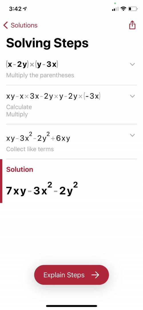 Expand and simplify, (x-2y)(y-3x)