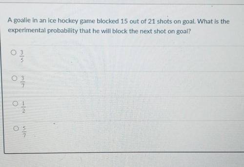 A goalie in an ice hockey game blocked 15 out of 21 shots on goal. What is the experimental probabi