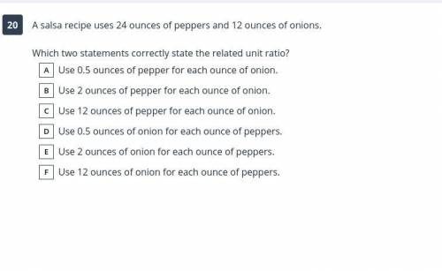 A salsa recipe uses 24 ounces of peppers and 12 ounces of onions.
need help