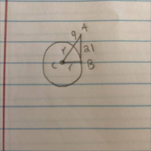 In the figure AB is tangent to the radius of circle c. Find the length of the radius