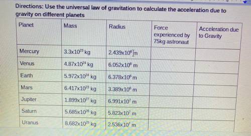 Directions: Use the universal law of gravitation to calculate the acceleration due to

gravity on