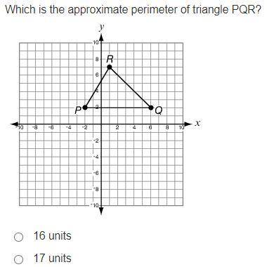 Which is the approximate perimeter for triangle PQR
A- 16
B- 17
C- 19
D- 21