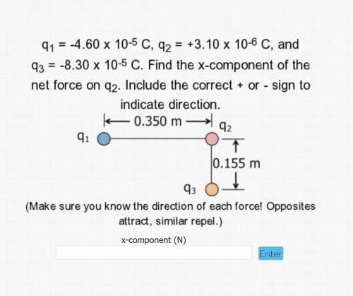 q1 = -4.60x10-5 C, q2 = 3.10x10-6 C, and q3 = -8.30x10-5 C. Find the x-component of t6he net force
