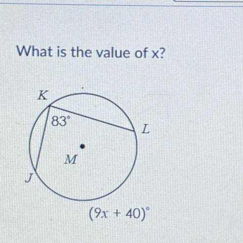 What is the value of x?
K
83°
L
M
(9x + 40)