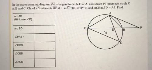 In the accompanying diagram, overline PA is tangent to circle and secant overline PC intersects cir