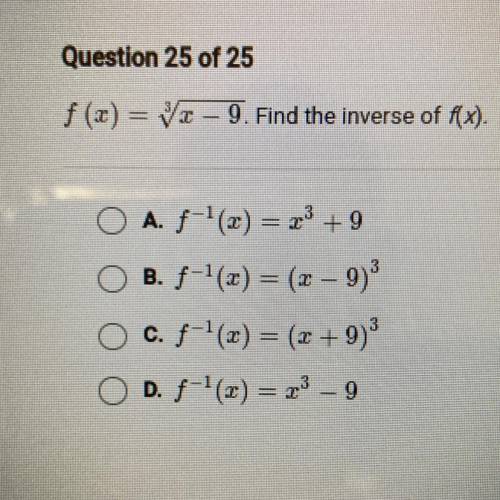 F(x) = 3^x-9. find the inverse of f(x). ASAP I NEED HELP LAST QUESTION AND 15 MINS LEFT