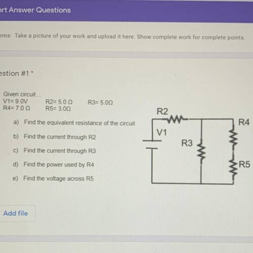 1) Given circuit

V1= 9.0V
R4= 7.00
R3= 5.00
R2= 5.00
R5= 3.00
R2
a Find the equivalent resistance