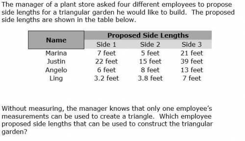 The manager of a plant store asked four different employees to propose side lengths for a triangula