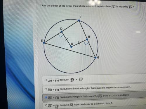 If A is the center of the circle then which statement explains how line GH is related to line FH