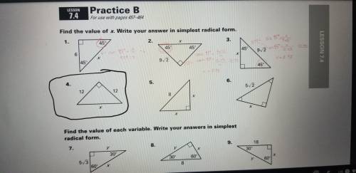 What is the value of x in a right triangle when the other two sides are each 12. Write in simplest