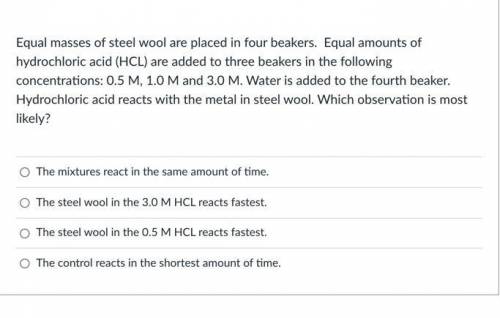 Equal masses of steel wool are placed in four beakers. Equal amounts of hydrochloric acid (HCL) are