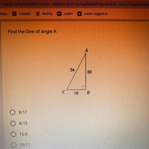 Find the Sine of angle A
8/17
8/15
15/8
15/17