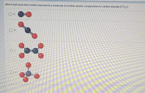 Which ball-and-stick model represents a molecule of similar atomic composition to carbon dioxide (C