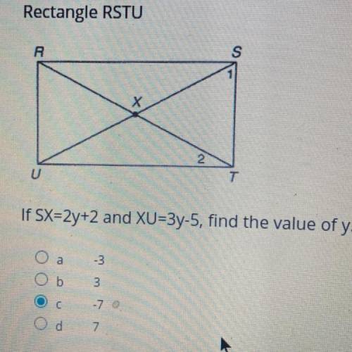 If SX=2y+2 and XU=3y-5, find the value of y