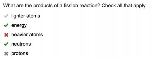 What are the products of a fission reaction? Check all that apply.

lighter atoms
energy 
heavier