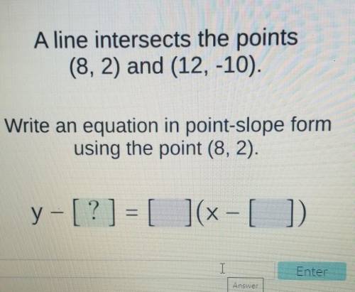 A line intersects the points (8, 2) and (12, -10). Write an equation in point-slope form using the