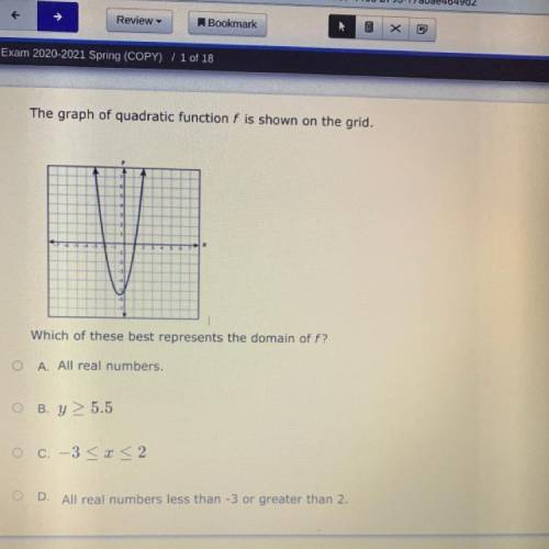What the graph quadratic function f is shown on the grid which of these best represents the domain