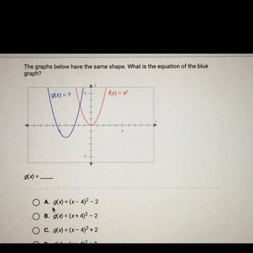 PLEASE HELP ME!!

The graphs below have the same shape. What is the equation of the blue
graph?
O
