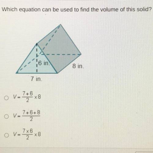 PLEASE HELP MEWhich equation can be used to find the volume of this solid?