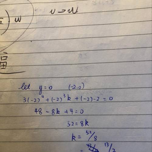 The function f(x) = 3.r4 + kx3 + x – 2 has an x-intercept at x = -2.

What is the value of k in the