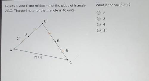What is the value of t? Points D and E are midpoints of the sides of triangle ABC. The perimeter of