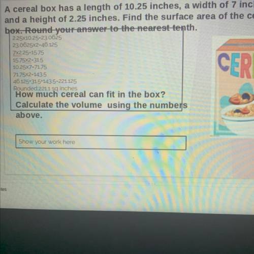 How much cereal can fit in the box? calculate using the numbers above