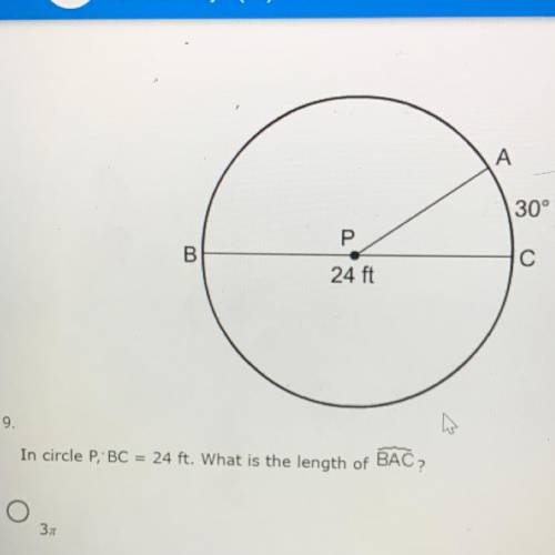 In circle P, BC = 24ft ft. What is the length of BAC?