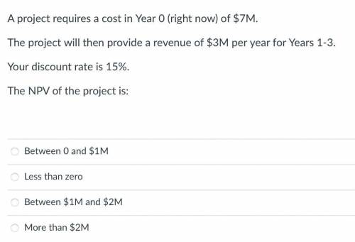 A project requires a cost in Year O (right now) of $7M. The project will then provide a revenue of