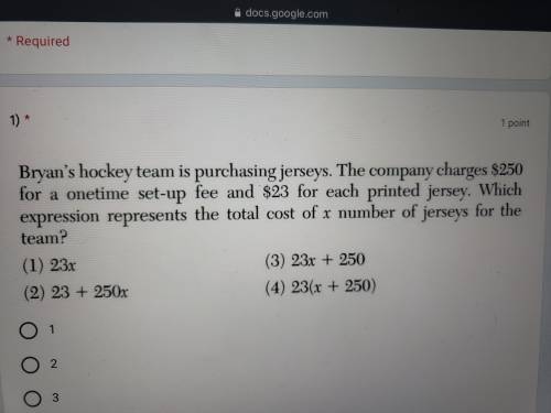 Brains hockey team is purchasing jerseys. The company charges $250 for a onetime set-up fee and $23