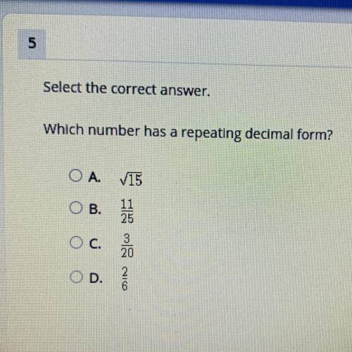 5

Select the correct answer.
Which number has a repeating decimal form?
A. 15
OB.
11
25
3
20
C. D
