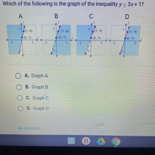 Which of the following is the graph of the inequality y < 3x+ 1?

А
B
C
D
5
To (1.4)
(1.4)
(1.4