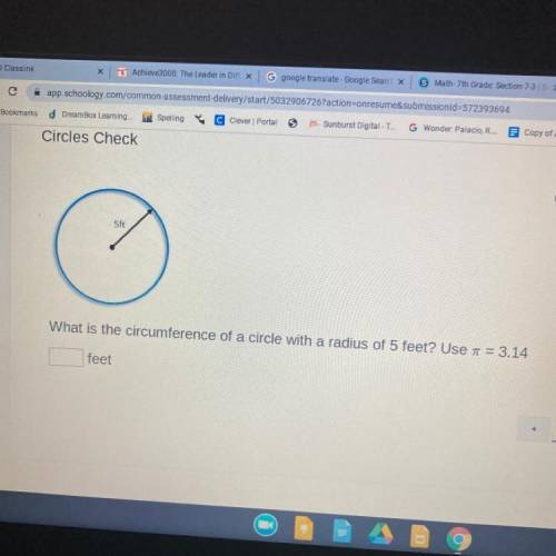 What is the circumference of a circle with a radius of 5 feet? Use T=3.14
test