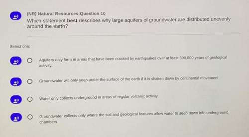 (NR) Natural Resources:Question 10

Which statement best describes why large aquifers of groundwat