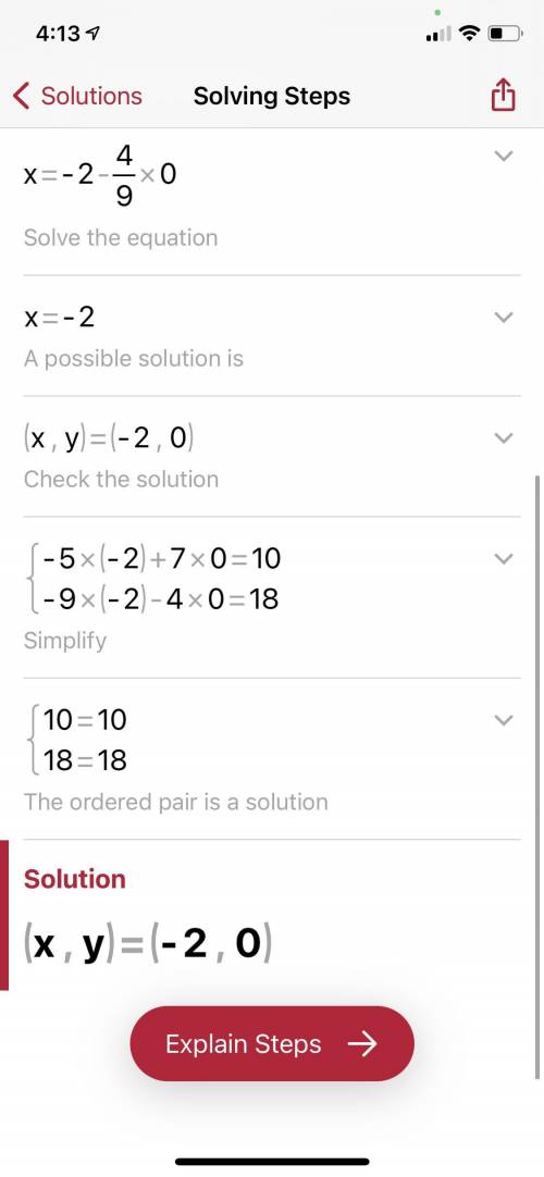 Solve the following system using any method. 
−5x+7y=10 
−9x−4y=18