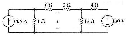 Utilizando SOMENTE o método das tensões nos nós, determinar o valor da tensão v mostrada no circuit