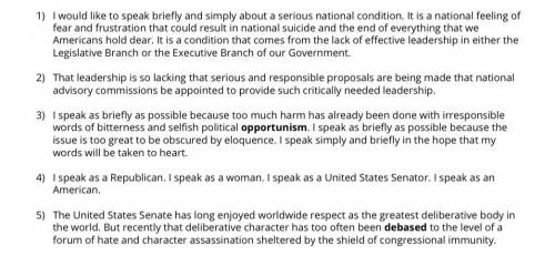 In this speech, Smith's use of persuasive language challenges her fellow Senators over what she per