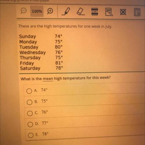 These are the high temperature for one week in july .

sunday 74
monday 75
tuesday 80
wednesday 76