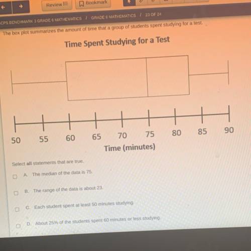 The box plot summarizes the amount of time that a group of students spent studying for a test. Sele