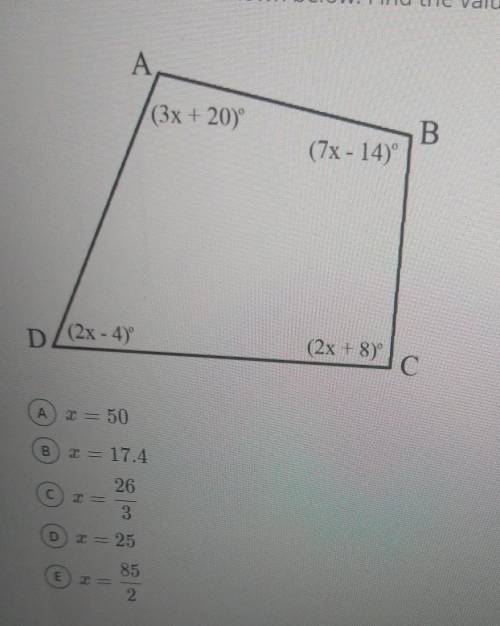 Quadrilateral ABCD is shown below. Find the value of x​
