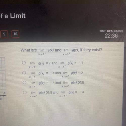 What are lim g(x) and lim g(x), if they exist?

X-4
X 4
lim g(x) = 2 and lim g(x) = -4
X +45
lim
