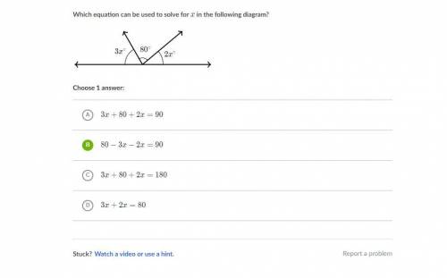 Which equation can be used to solve for xxx in the following diagram?

Choose 1 
Choose 1 a