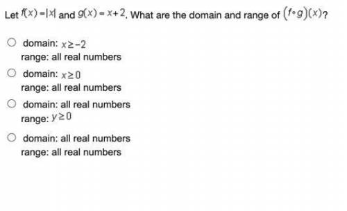 Let f(x)=|xl and g(x) = x+2 What are the domain and range of (fºg)(x)?