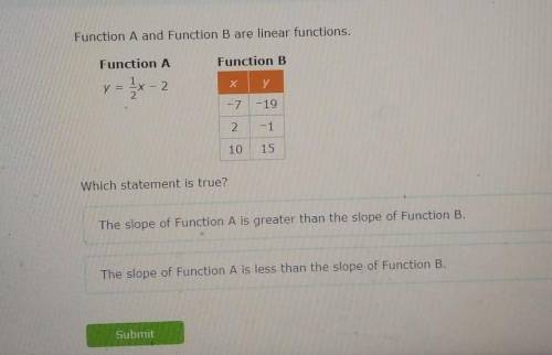 Function A and Function B are linear functions. Function A Function B v = 1x - 2 X -7. -19 2 Which