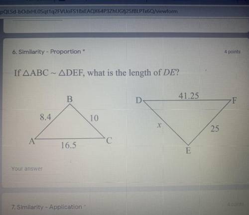 If AABC ~ ADEF, what is the length of DE?
NEED HELP ASAP please and thanks In advance